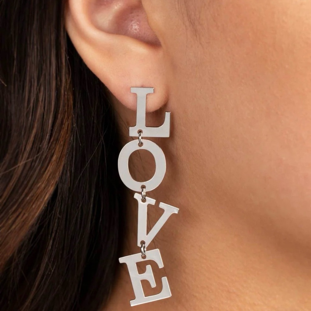 PAPARAZZI Silver Block Letter L-O-V-E Cascading Post Back Dangling Earrings - Picture 2 of 2